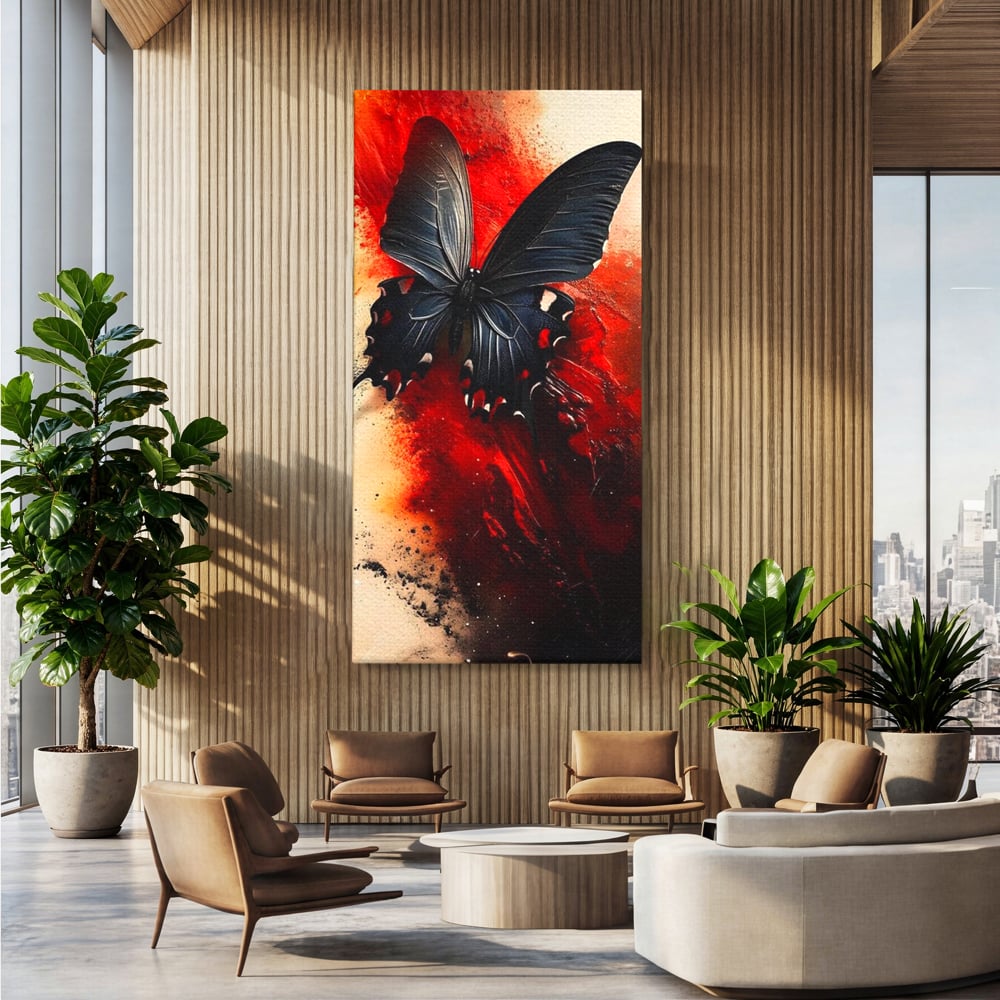 Tablou canvas cu tablou canvas cu fluture negru si fundal rosu, fara rama, pe sasiu de lemn, pe perete intr-un birou